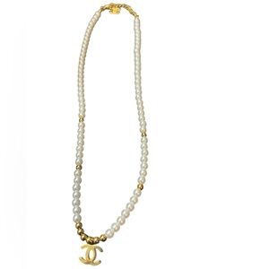 16K Gold-Filled & White Pearl Necklace w/ Auth CHANEL Pendant & CC Logo Charm